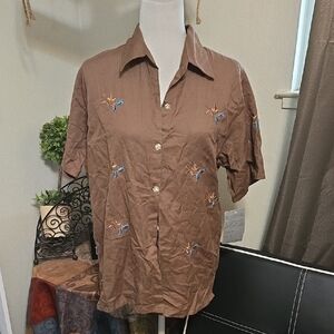 Elegant Brown Embroidered Button Down Shirt
